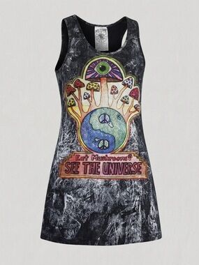 No Time Psychedelic Mushroom Graphic Stonewashed Tank Dress Size Medium